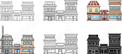Retail shop building icon set in thin line bold outline rounded minimal and filled styles designed for storefront branding ecommerce apps business maps and commercial illustrations