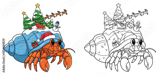 A cute vector illustration of a Christmas hermit crab clutching a winter scene Isolated on a white backdrop this amusing cartoon animal has a Christmas scene sketch for a coloring book page