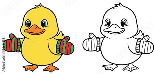 A vector illustration of a cute cartoon duck wearing Christmas mittens Isolated on a white backdrope
