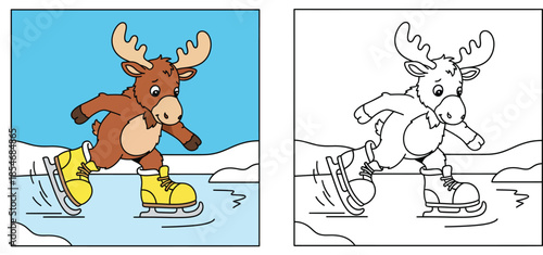 A vector illustration of a cute cartoon moose ice skating on a frozen pond A humorous yellow skated winter animal mascot with an outline for a coloring book page