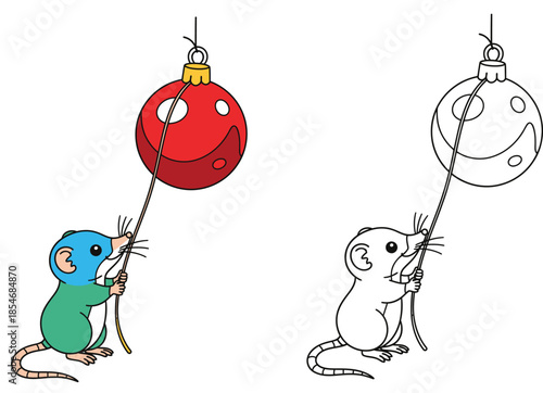 A vector illustration of a cute cartoon mouse clutching a red Christmas ornament Isolated on a white background this amusing tiny rat creature has a black and white outline for a coloring book page