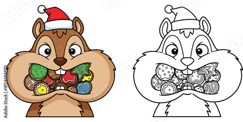 A vector illustration of a cute Christmas chipmunk cramming cheeks with biscuits Isolated on a white backdrop.