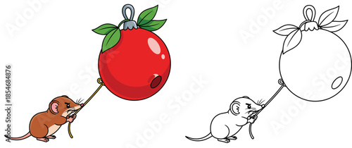 A vector image of a cute Christmas mouse towing a red bauble ornament Isolated on a white background this amusing tiny mouse creature has an outline version for a coloring book page