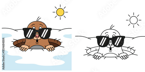 A vector image of a cute cartoon mole with sunglasses emerging from a hole An outline form of a humorous animal character gazing at the sun is isolated on a white background on a coloring book page