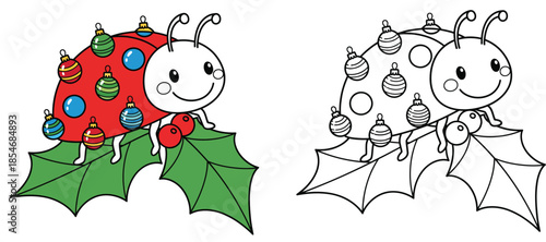 Adorable vector illustration of a Christmas ladybug cartoon Isolated on a white background a humorous beetle with decorative spots perches on a holly leaf 