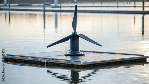 Next gen clean energy design. floating turbine blade sample is displayed on calm water surface, showcasing innovative design