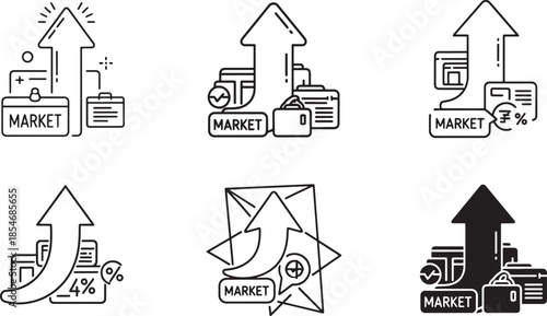 Marketplace growth and seller performance icon set featuring upward arrows charts and market symbols illustrating sales increase analytics profit and business expansion concepts