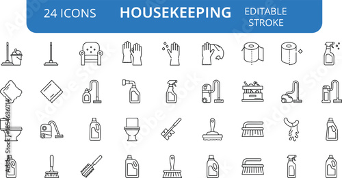 Housekeeping line icons set, editable stroke cleaning tools symbols, home sanitation hygiene supplies vector illustration collection, domestic service design