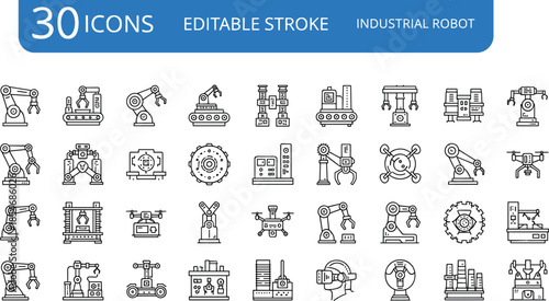Industrial robot line icons set, editable stroke automation symbols, manufacturing technology collection, robotic arm factory icons, modern engineering design