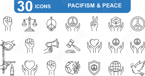 Pacifism and peace line icons set, editable stroke humanitarian symbols, nonviolence justice harmony love freedom global unity vector design