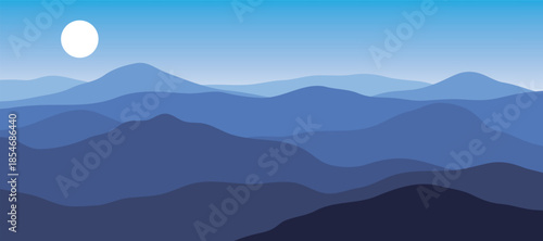 Blue gradient color mountain panorama, translucent waves, abstract colored glass shapes, modern background, flat design illustration of mountains