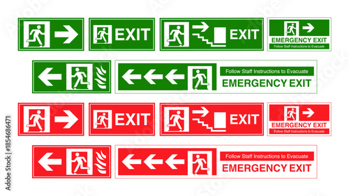 Emergency Exit Sign Vector Set – Green and Red Safety Exit Signs with Direction Arrows, Flat Evacuation Symbols Isolated on White Background