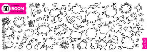 Comic pop doodle effect. Cartoon line cloud, boom, speed and smoke icon. Comic effect vector, doodle style. Pop confetti, speech bubble, explosive, wow, collision. Hand drawn png anime set. Cartoon bg