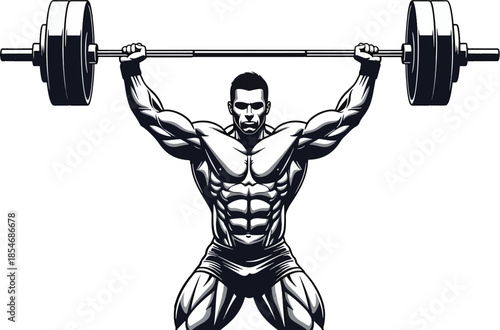 Bodybuilder weightlifting illustration showing muscular athlete lifting heavy barbell designed for fitness gym training strength motivation and sports branding visuals