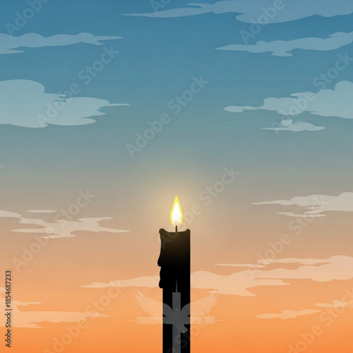 Black candle with a lit flame against a sunset sky symbolizing remembrance hope or loss vector illustration
