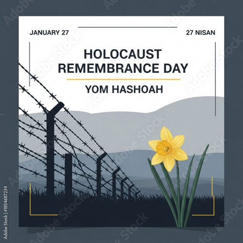 Holocaust Remembrance Day illustration barbed wire fence and daffodil concept of memory and hope vector graphic