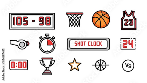 Basketball game icons and symbols for sports and competition.