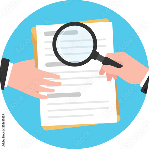 Hand holding magnifying glass over documents.