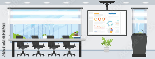 Modern conference room without people with working desk and data display screen.