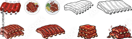 Barbecue Ribs and BBQ Meat Vector Art Set - Grilled Pork and Plate Illustrations