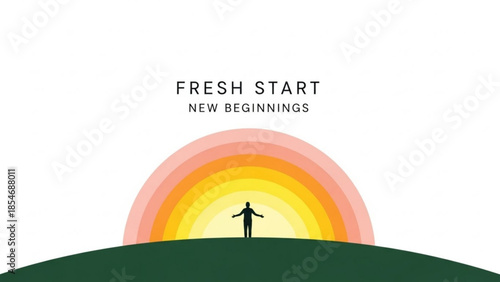 Man standing on green hill with arms outstretched towards vibrant sunrise or sunset with orange, yellow, and pink hues symbolizing fresh start and new beginnings