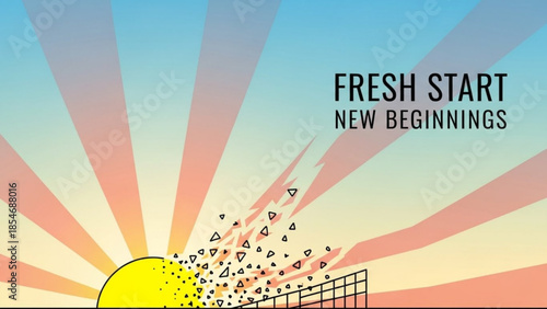 Vibrant sunrise with geometric shapes exploding from cage, symbolizing fresh start and new beginnings with rays of light