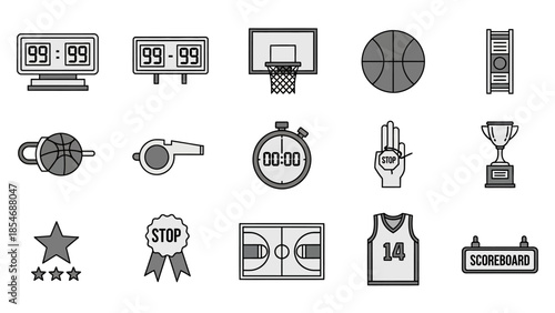 Basketball Sports Equipment and Scoreboard Icons Collection.
