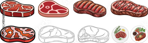 Various Steaks Illustrations and Graphics, Raw, Cooked, and Line Art