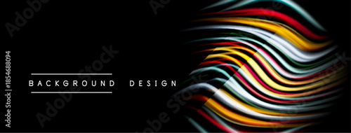 Abstract vibrant lines form flowing shape. Dark background emphasizes colorful wave design. Modern aesthetic, dynamic composition.