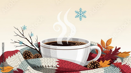 Warm steaming cup of coffee on a cozy red and white knitted blanket with autumn leaves and pinecones on a pastel background