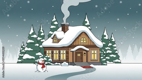 Snowy winter scene with cozy house, snowman in red scarf, and evergreen trees under starry night sky with smoke rising from chimney