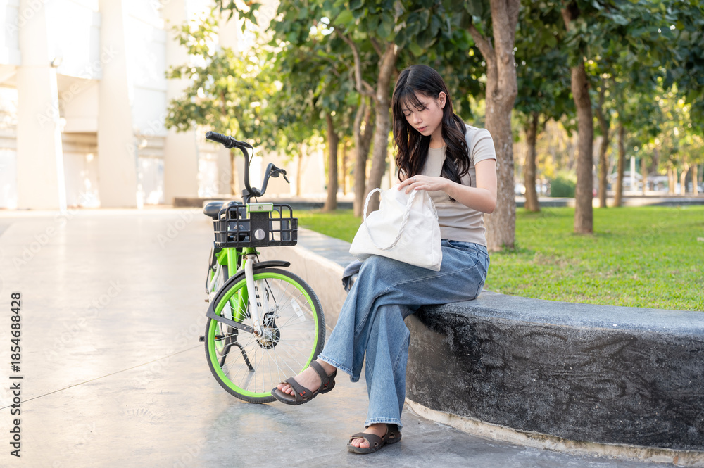 Fototapeta premium Pretty asian woman searching in her bag while sitting on bench aside a green rental bicycle in park.