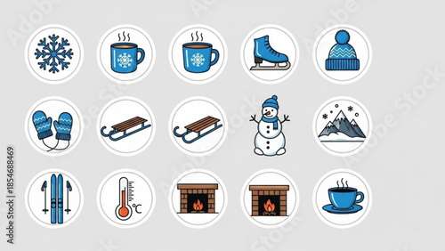 Winter icons set including snowflake, hot drink, ice skate, hat, mittens, sled, snowman, mountains, skis, thermometer, fireplace, warm beverage, isolated on gray