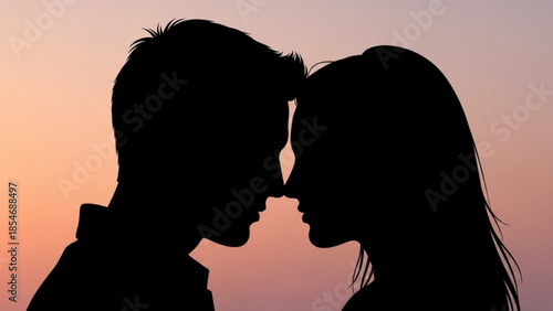 Silhouette of romantic couple touching noses, sunset background, loving relationship, tender moment, warm colors, people, love, affection
