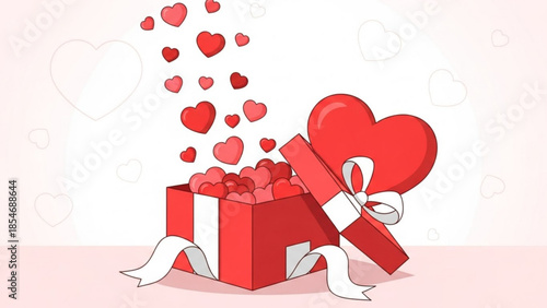 A red gift box with white ribbons overflowing with red hearts on a pink background with heart designs, symbolizing love and valentine's day