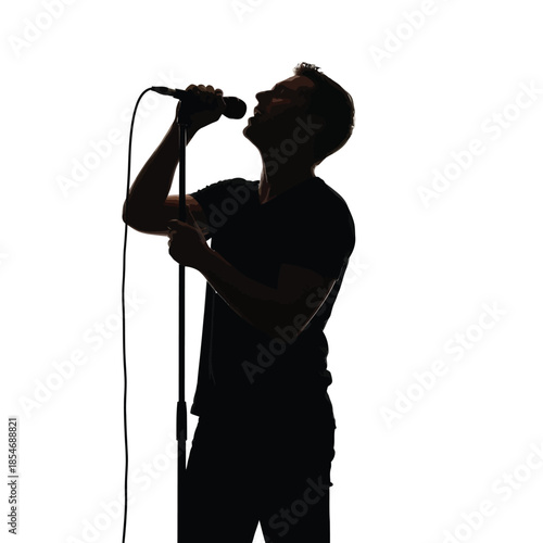 Silhouette of a singer holding a microphone isolated on white background