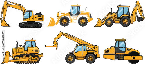Cartoon construction vehicles illustration set, excavator, wheel loader, backhoe loader, bulldozer, telehandler, road roller, heavy machinery