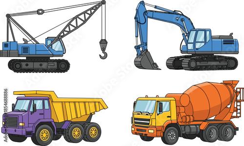 Cartoon construction vehicles illustration, crawler crane, hydraulic excavator, dump truck, concrete mixer, heavy machinery, building equipment, industrial tools, site work