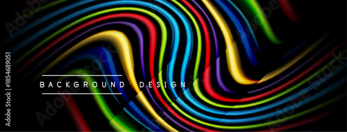 Abstract colorful lines create dynamic wave pattern. Black background emphasizes vibrant hues, modern design element.