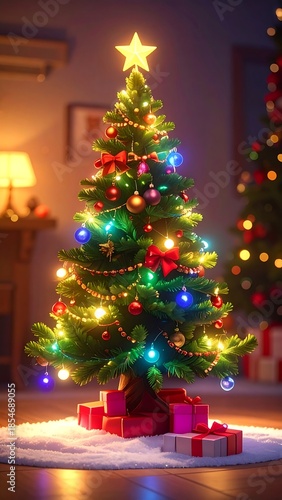 Cozy indoor scene featuring a decorated holiday tree and gifts