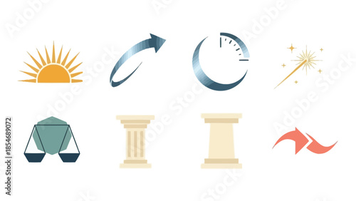 Obraz na plátne A collection of eight diverse icons representing concepts like growth, time, justice, and magic, arranged in two rows
