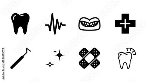 A collection of black and white vector icons representing dental health, medical care, and general well-being, including teeth, heartbeat, dental tools, and first aid symbols.