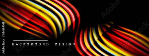 Abstract flowing lines create dynamic visual impact. Vibrant colors contrast against dark background. Modern design element.