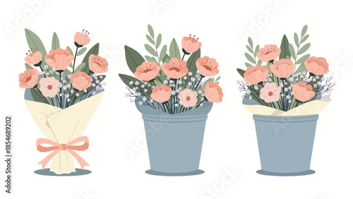 Three beautiful floral arrangements featuring pink flowers and green leaves in a bouquet and two buckets.