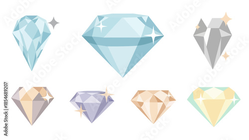 Set of flat vector illustrations of shiny diamonds and precious stones in various colors and shapes.