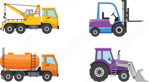 Construction and industrial vehicles illustration set, tow truck, forklift, tanker truck, tractor loader, heavy machinery, transportation equipment