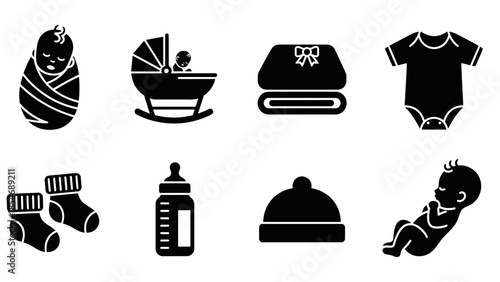 Black silhouette icons representing various baby items and newborns, including a swaddled baby, cradle, blanket, bodysuit, socks, bottle, hat, and sleeping infant.