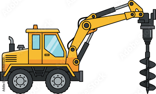 Cartoon construction vehicle illustration, yellow auger drill machine, heavy equipment, excavation tool, industrial machinery, site work, foundation drilling