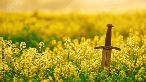 tolerable. Ancient sword half-buried in a flower-filled meadow under soft golden light. travel magazines, destination branding, designed for travel destination branding, used by procurement managers.