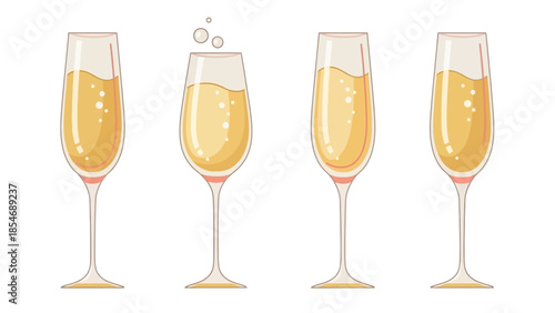 Four elegant champagne flutes filled with sparkling golden wine, one showing bubbles rising.